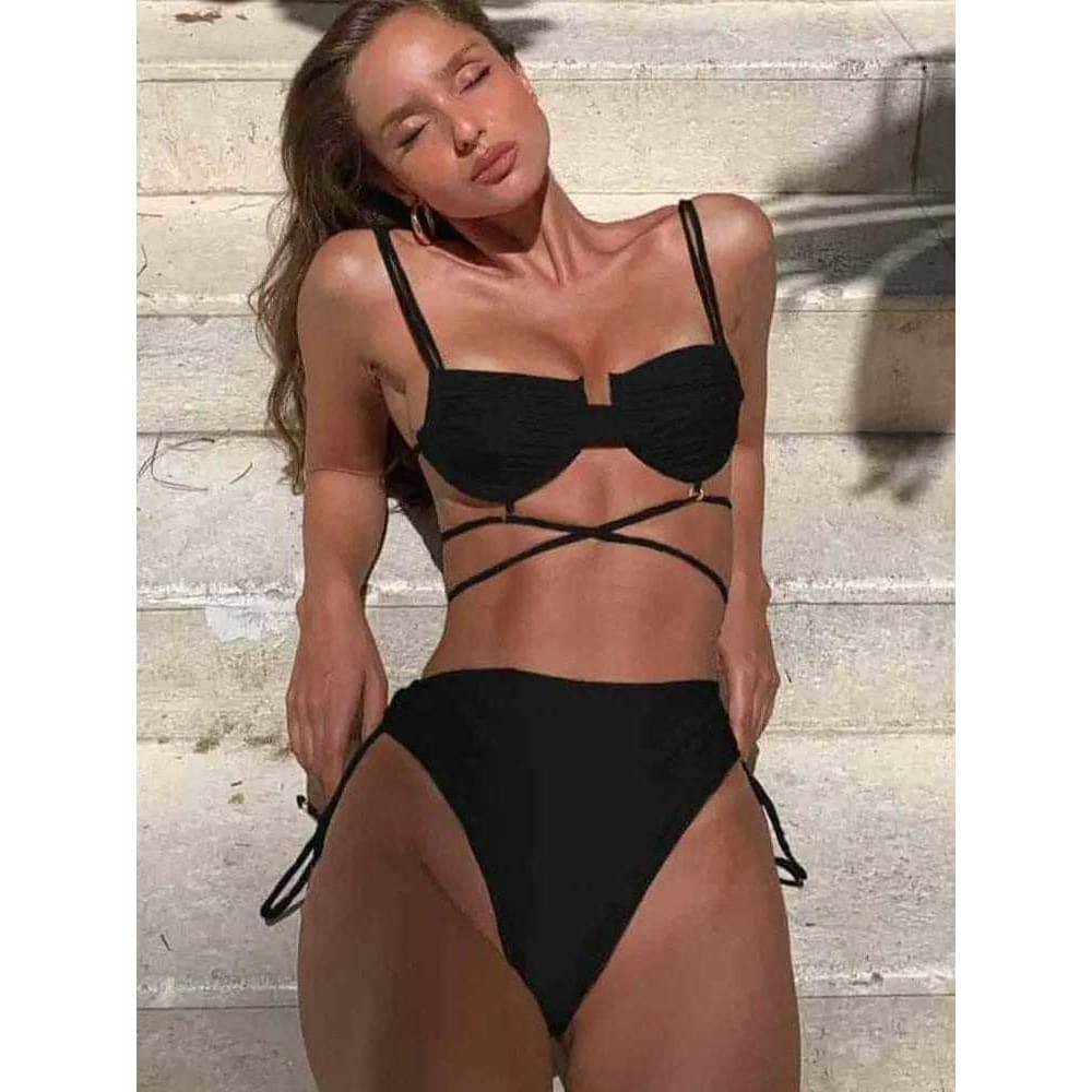 Sexy Triangle Adjust Hollow Out Double-Sided Bikini Swimsuit - 1415BK / S On sale