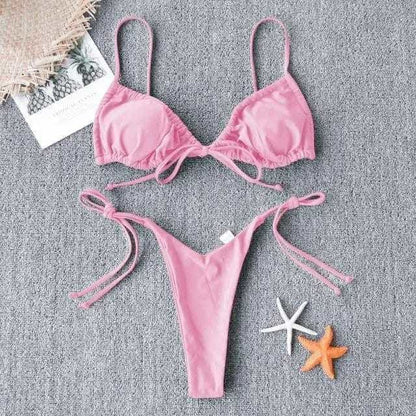 Sexy Triangle Strappy Ruched Brazilian Bikini Swimsuit - Pink / S On sale