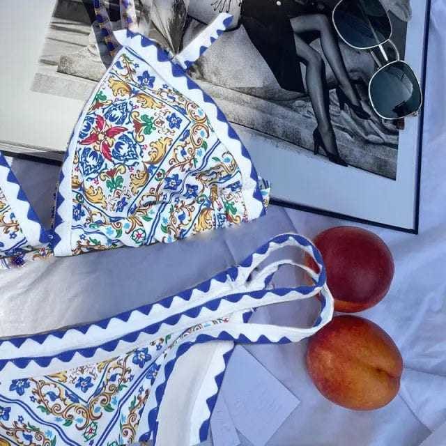 Sexy Vintage Print High Cut Triangle Micro Bikini Swimsuit - On sale