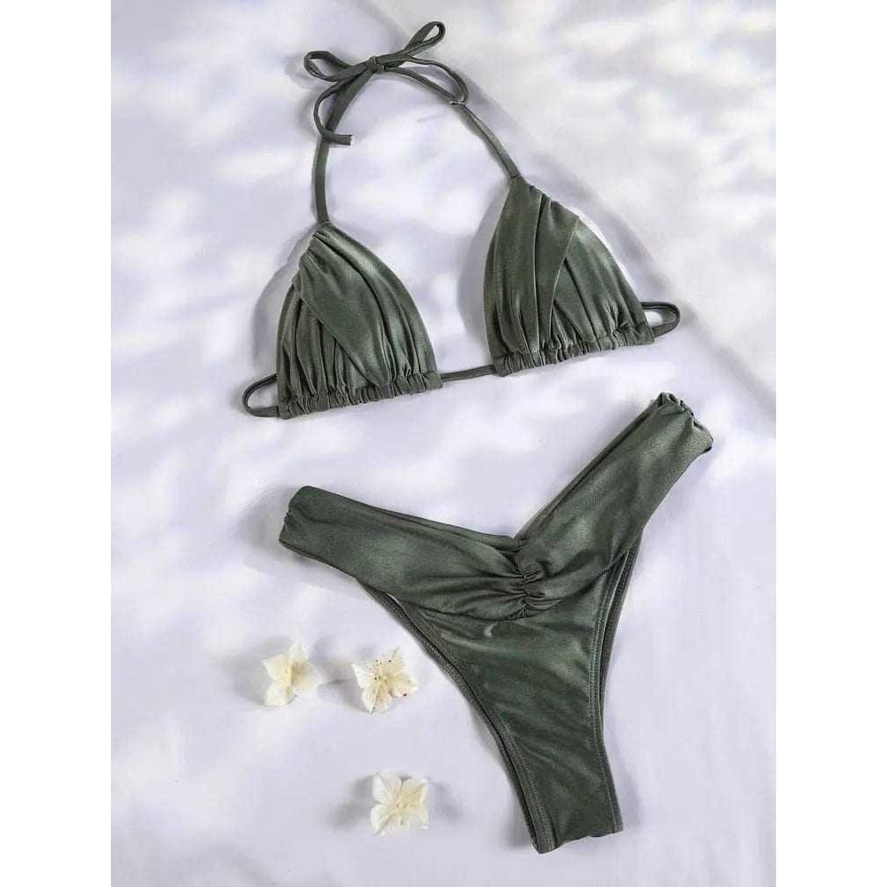 Sexy Vintage Print Ruffle String Patchwork Bikini Swimsuit - 1104GN1 / S On sale