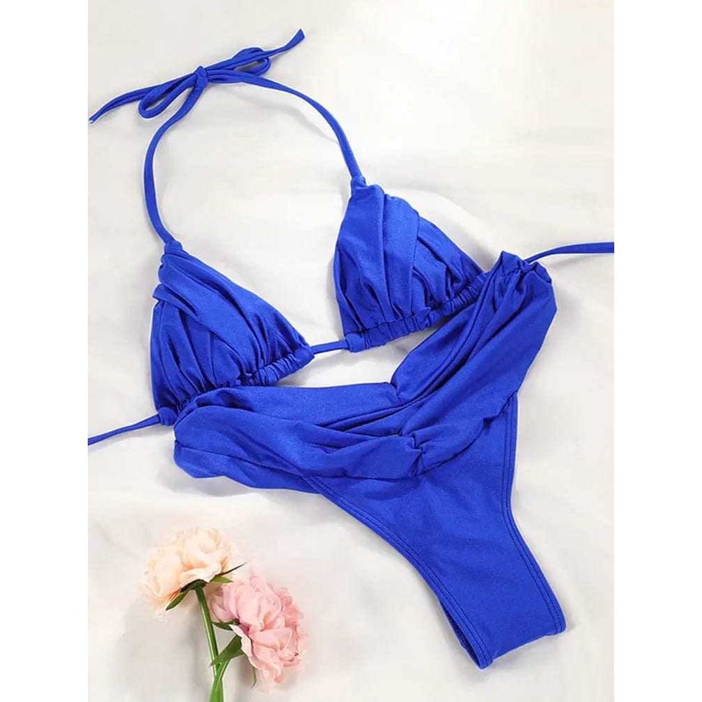 Sexy Vintage Print Ruffle String Patchwork Bikini Swimsuit - BU3 / S On sale