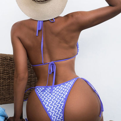 Sexy Wavy Print Slide Triangle Brazilian Bikini Swimsuit - On sale