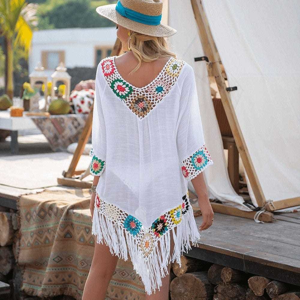 Sexy White Bikini Cover Up Hollow Tunic Beach Dress - On sale