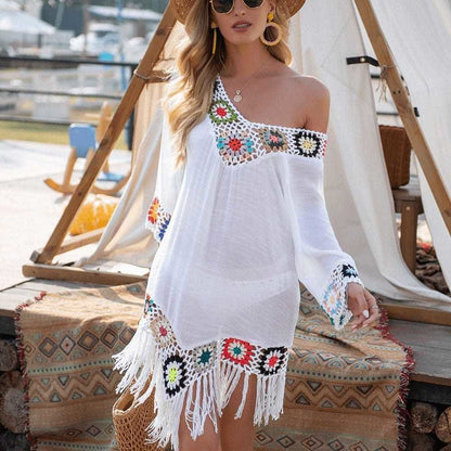 Sexy White Bikini Cover Up Hollow Tunic Beach Dress - On sale