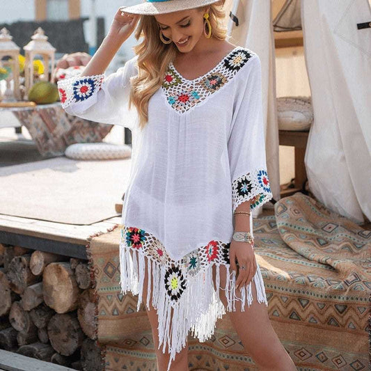 Sexy White Bikini Cover Up Hollow Tunic Beach Dress - One Size On sale