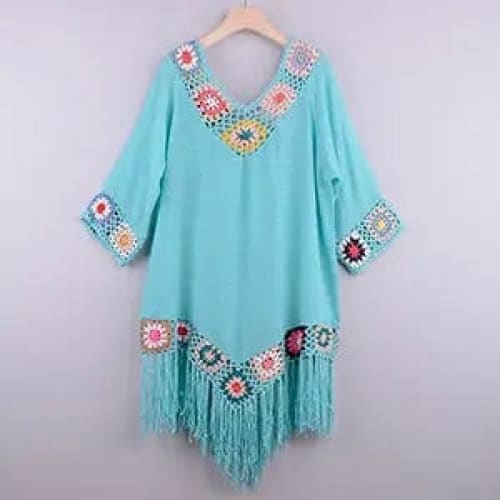 Sexy White Bikini Cover Up Hollow Tunic Beach Dress - Sky Blue / One Size On sale