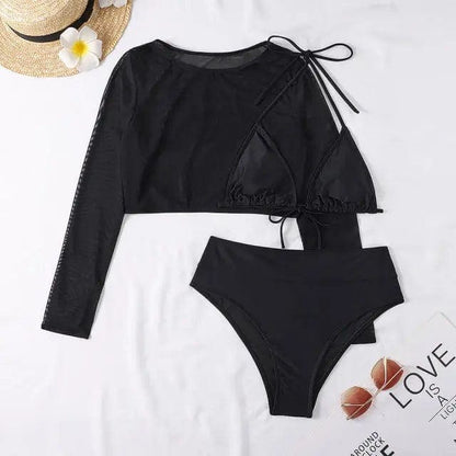 Sexy Yellow Mesh Long Sleeve Cover Ups Top Three Piece Swimsuits - black high waist / S
