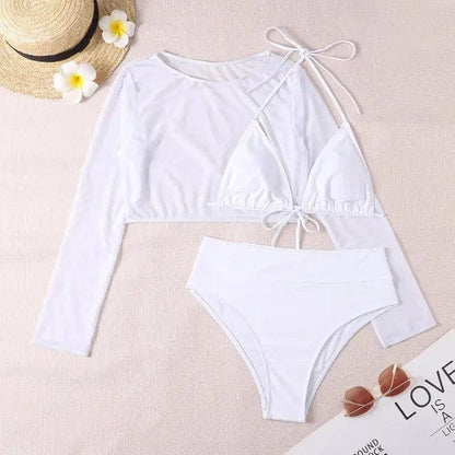 Sexy Yellow Mesh Long Sleeve Cover Ups Top Three Piece Swimsuits - white high waist / S