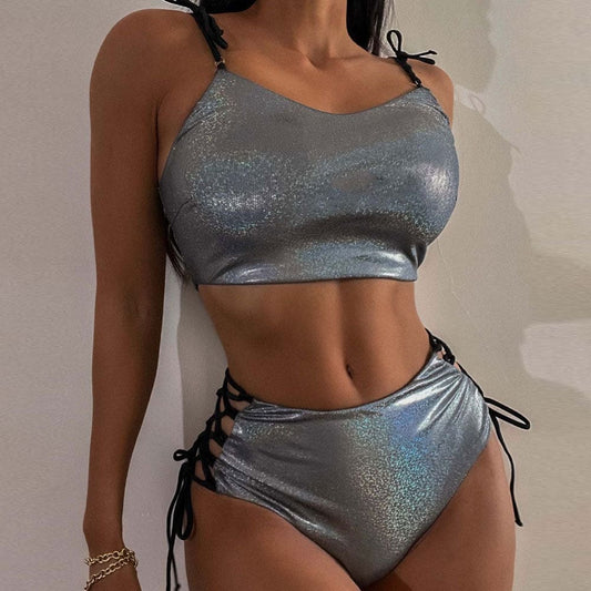 Shimmer Metallic Lace Up Bralette Crop Bikini Swimsuit - Gray / S On sale