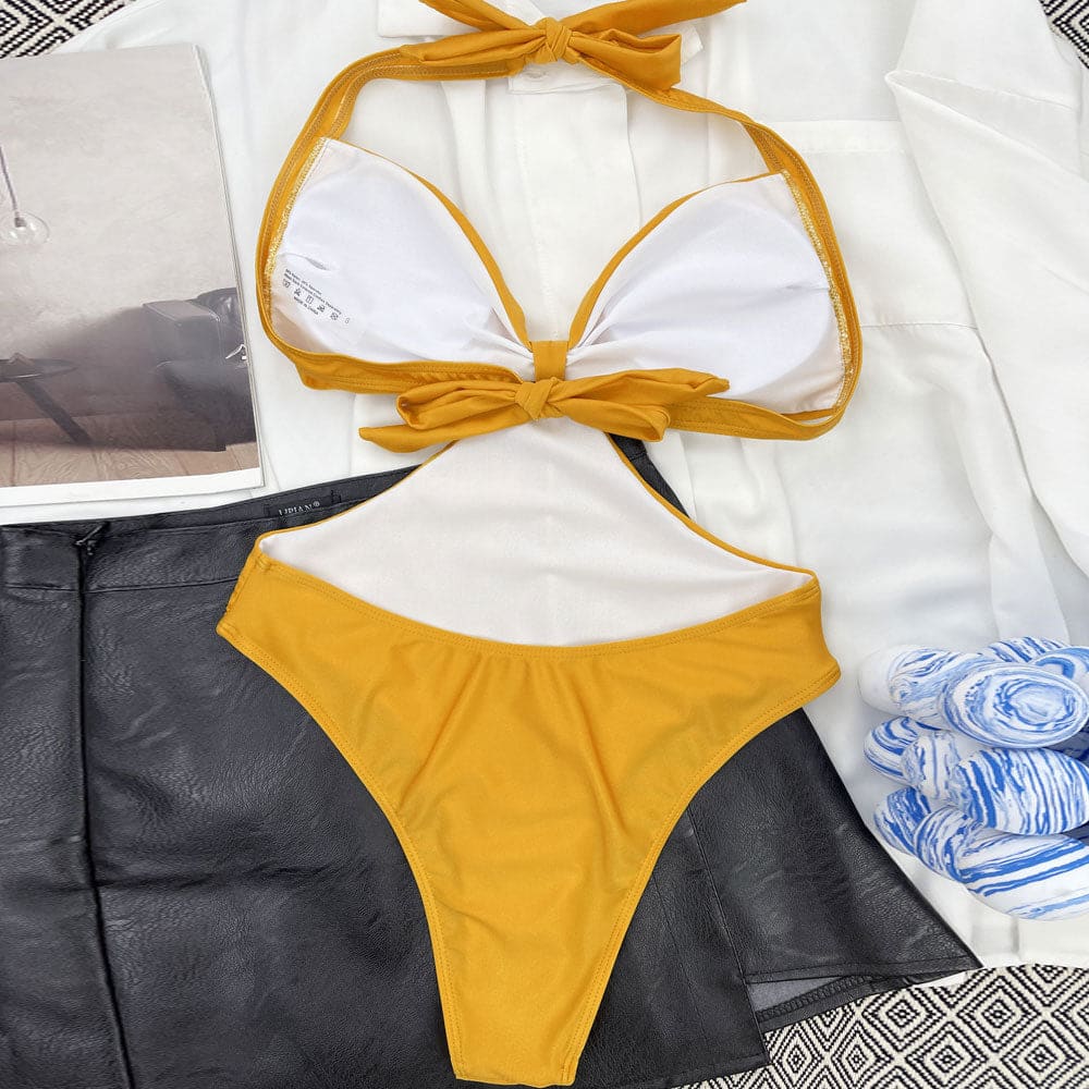 Shimmery Ruched Halter Monokini One Piece Swimsuit - On sale