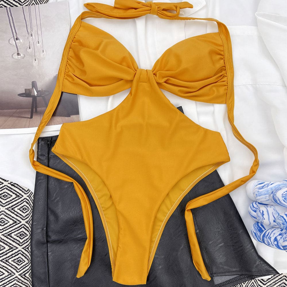 Shimmery Ruched Halter Monokini One Piece Swimsuit - On sale