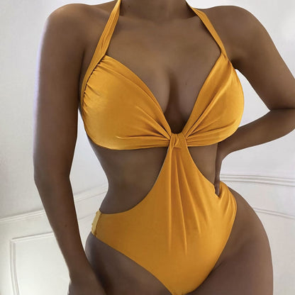 Shimmery Ruched Halter Monokini One Piece Swimsuit - Yellow / S On sale