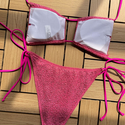 Shimmery Textured Tie String Halter Brazilian Bikini - On sale