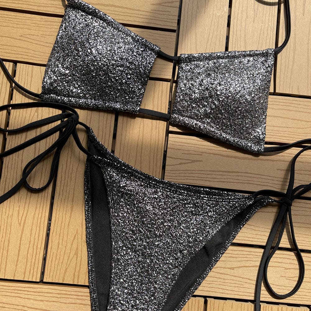 Shimmery Textured Tie String Halter Brazilian Bikini - Black / S On sale