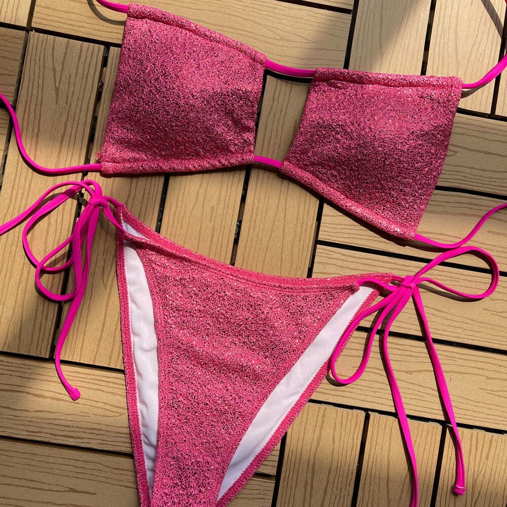 Shimmery Textured Tie String Halter Brazilian Bikini - Hot Pink / S On sale