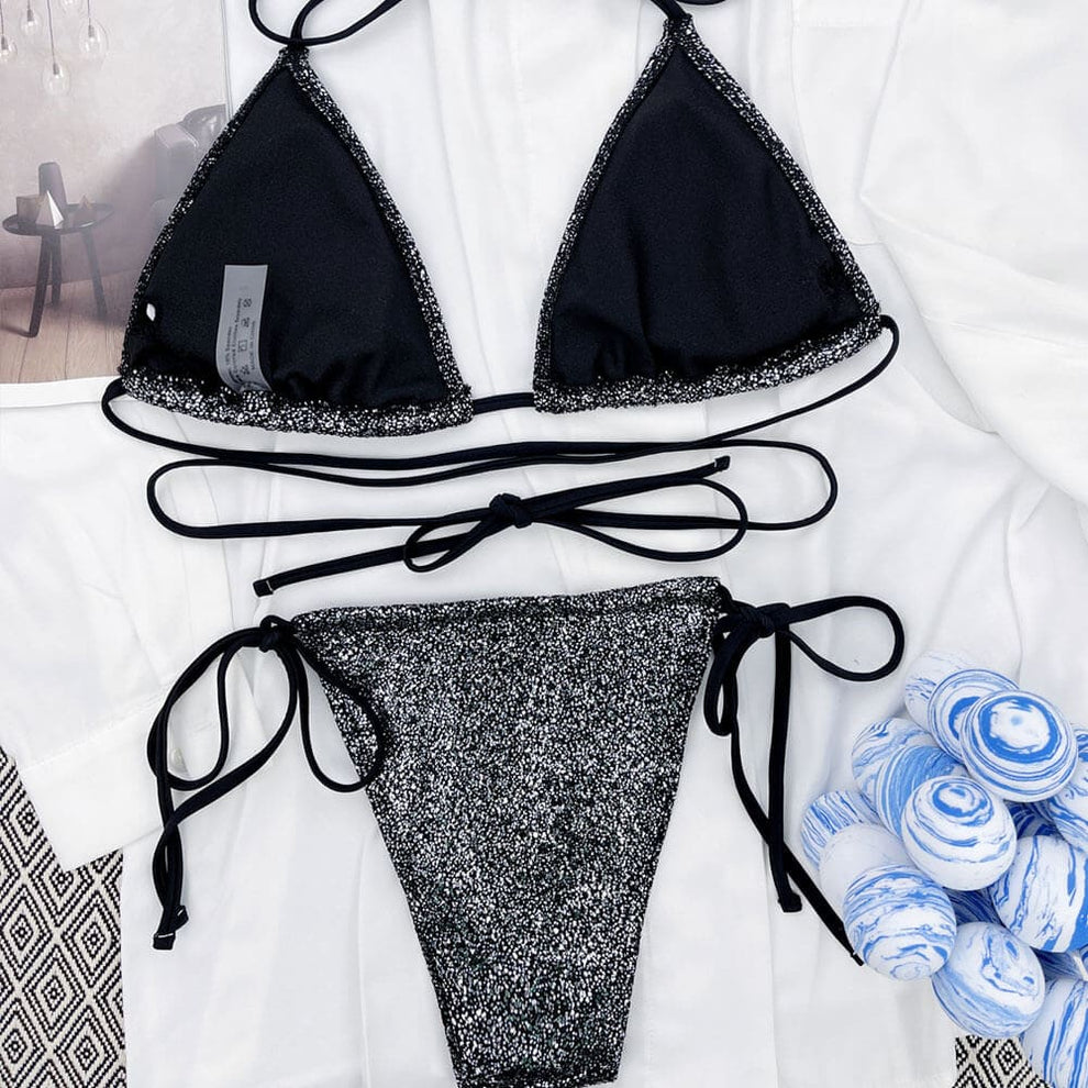 Shimmery Tie String Triangle Strappy Brazilian Bikini - Sunnybikinis
