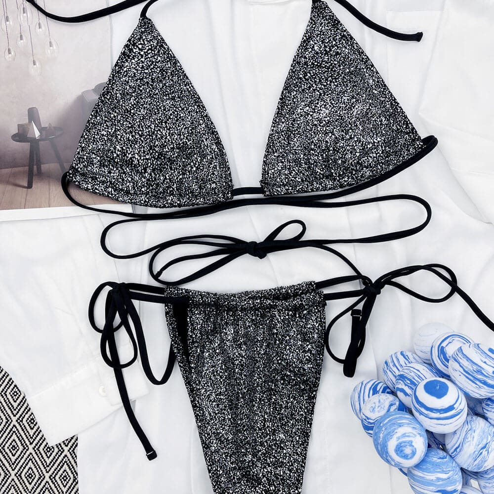Shimmery Tie String Triangle Strappy Brazilian Bikini - Black / S On sale