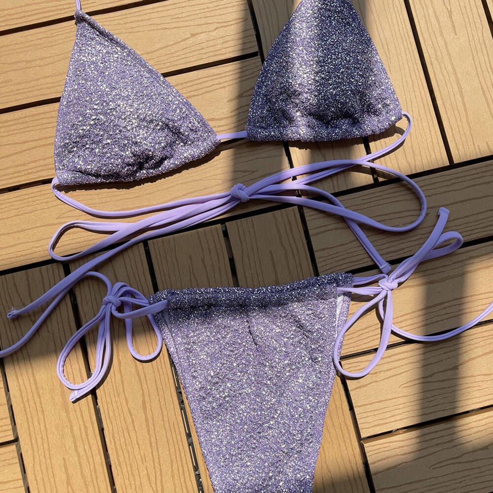 Shimmery Tie String Triangle Strappy Brazilian Bikini - Purple / S On sale