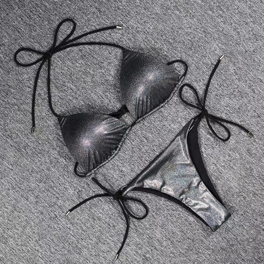 Shining Tie String Halter Push Up Sliding Triangle Brazilian Bikini - Black / S On sale
