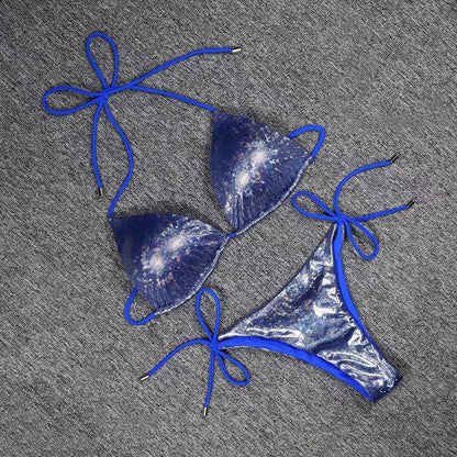 Shining Tie String Halter Push Up Sliding Triangle Brazilian Bikini - Blue / S On sale
