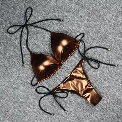Shining Tie String Halter Push Up Sliding Triangle Brazilian Bikini - Bronze / S On sale