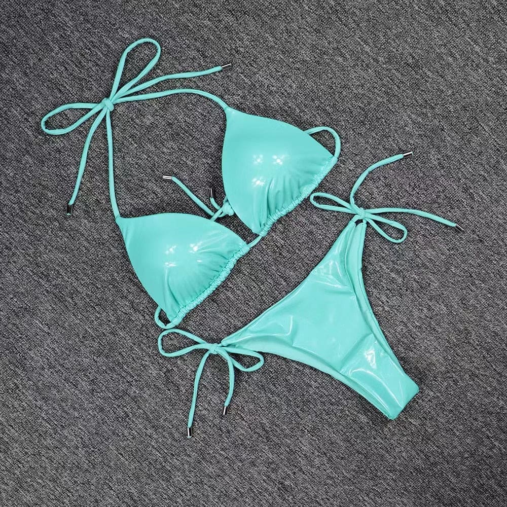Shining Tie String Halter Push Up Sliding Triangle Brazilian Bikini - Cyan / S On sale