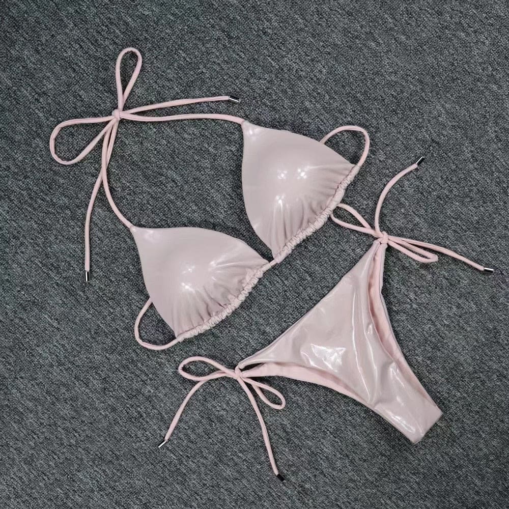 Shining Tie String Halter Push Up Sliding Triangle Brazilian Bikini - light pink / S