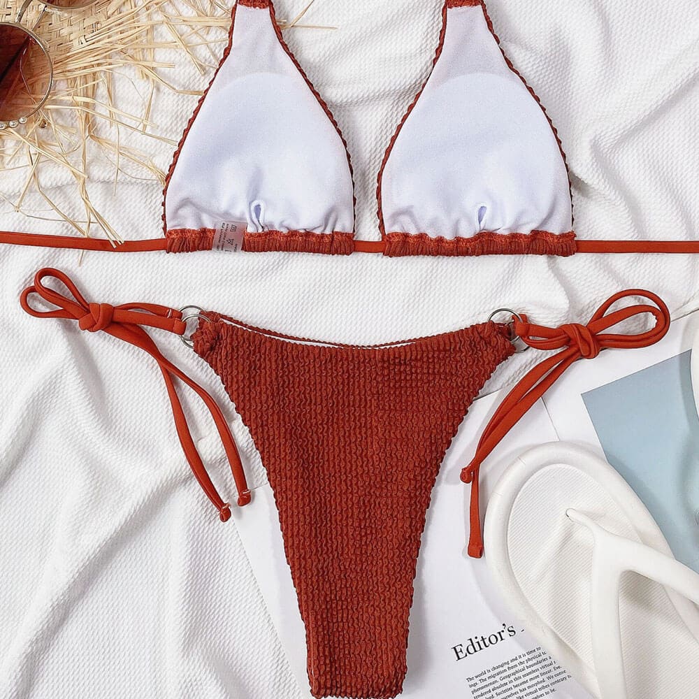 Shirred O Ring Tie String Triangle Sunnybikinis Swimsuit - On sale