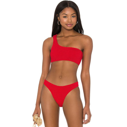 Smocked One Shoulder Brazilian Bikini Swimsuit - Red / S On sale