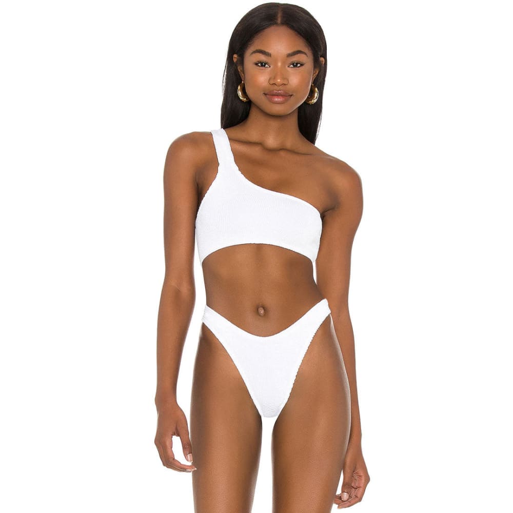 Smocked One Shoulder Brazilian Bikini Swimsuit - White / S On sale