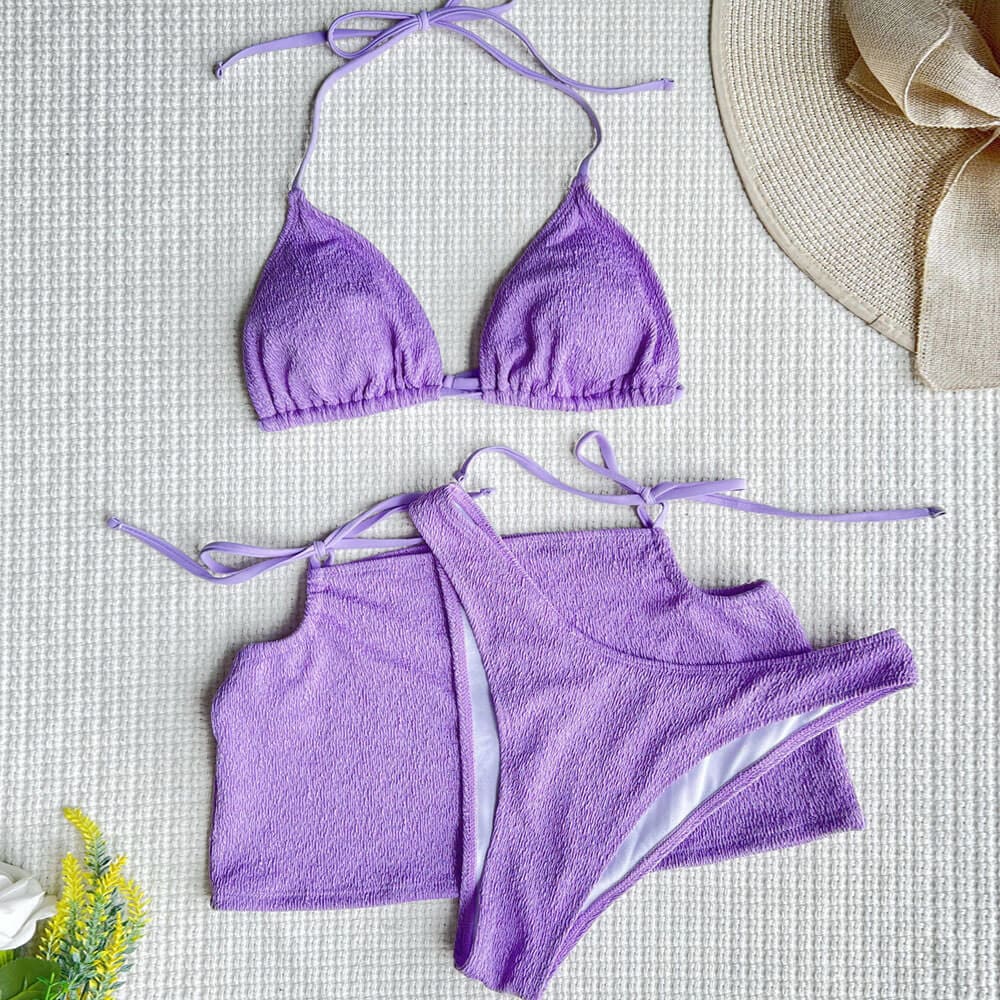 Smocked Sarong Triangle Brazilian Three Piece Swimsuit - On sale