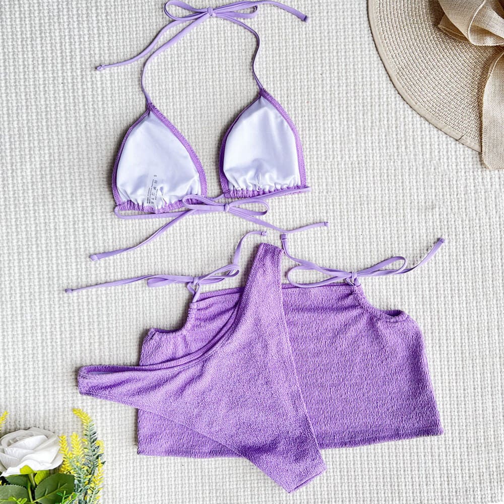 Smocked Sarong Triangle Brazilian Three Piece Swimsuit - On sale