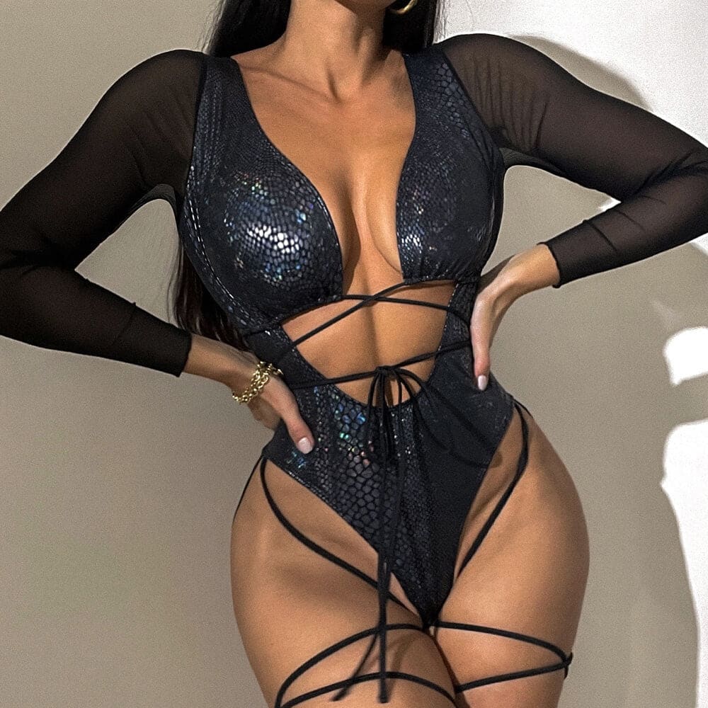 Snake Sleeved String Thong Deep V One Piece Swimsuit - On sale