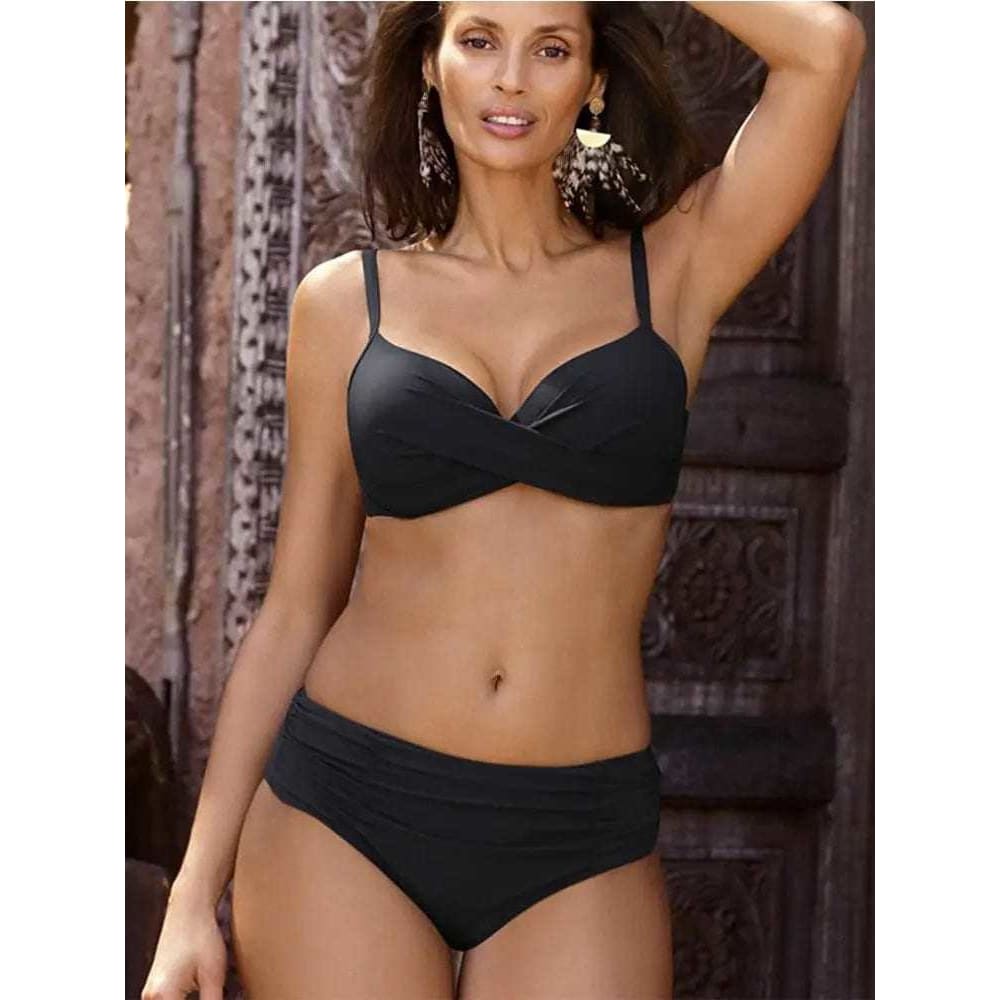 Solid Bandeau Gather Full Cup Bikini Swimsuit - black03 / S On sale