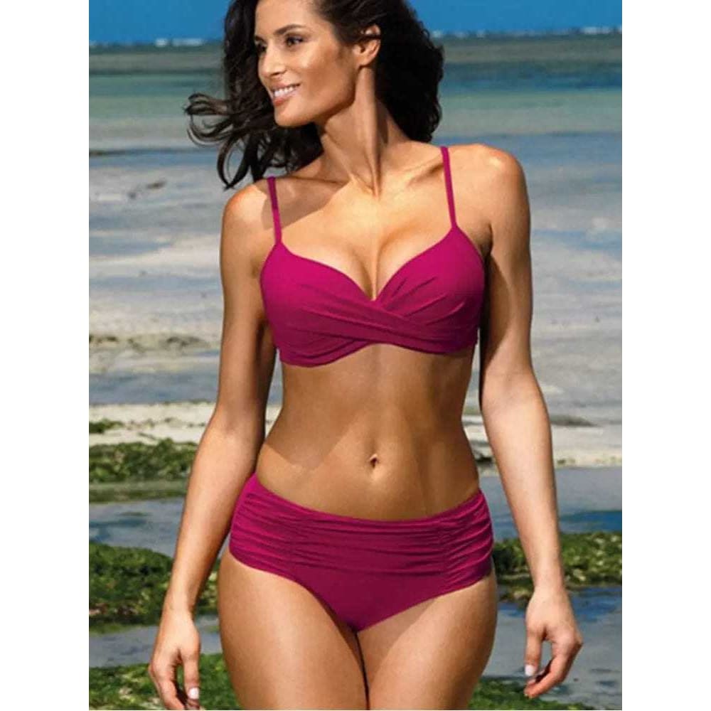 Solid Bandeau Gather Full Cup Bikini Swimsuit - purple03 / S On sale