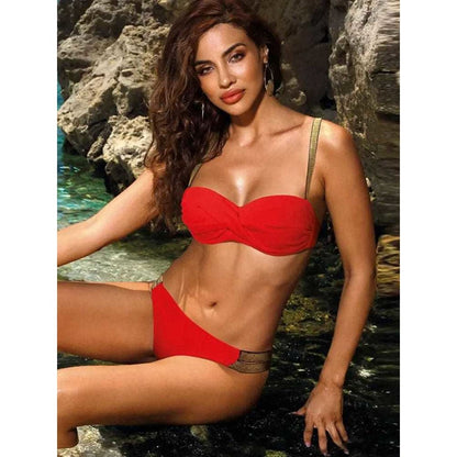 Solid Bandeau Gather Full Cup Bikini Swimsuit - Red / S On sale