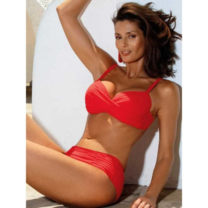 Solid Bandeau Gather Full Cup Bikini Swimsuit - red03 / S On sale