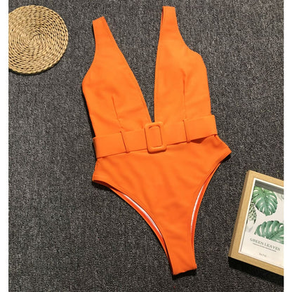 Solid High Leg Low Back Deep V One Piece Swimsuits - orange / S On sale