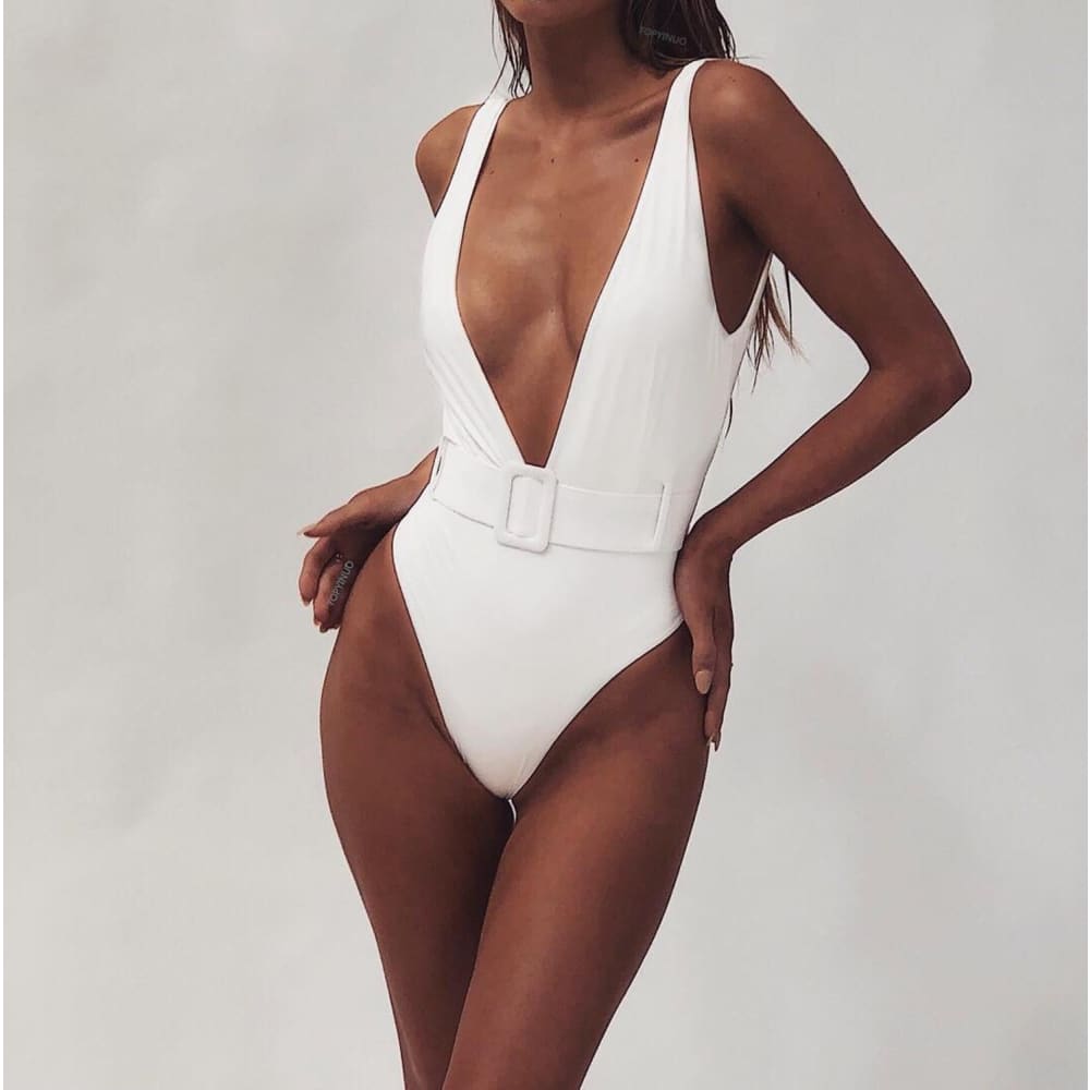 Solid High Leg Low Back Deep V One Piece Swimsuits - white / S On sale