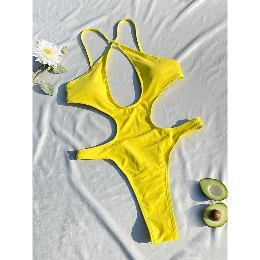 Solid Hollow Out One Piece Thong Monokini - On sale