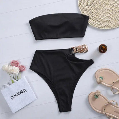 Solid Ribbed High Waist Bandeau Brazilian Bikini Swimsuit - On sale