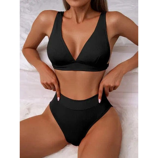 Solid Ribbed High Waist V-neck Push Up Bikini Swimsuit - Black / S On sale