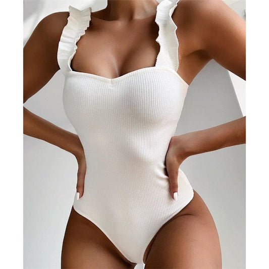 Solid Ribbed Ruffle One Piece Swimsuits - On sale