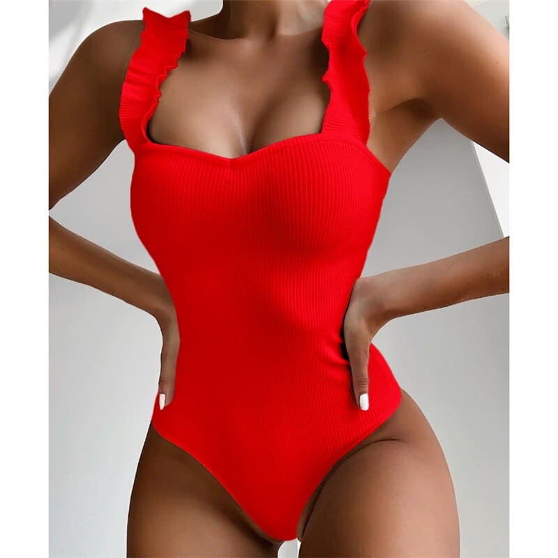 Solid Ribbed Ruffle One Piece Swimsuits - On sale