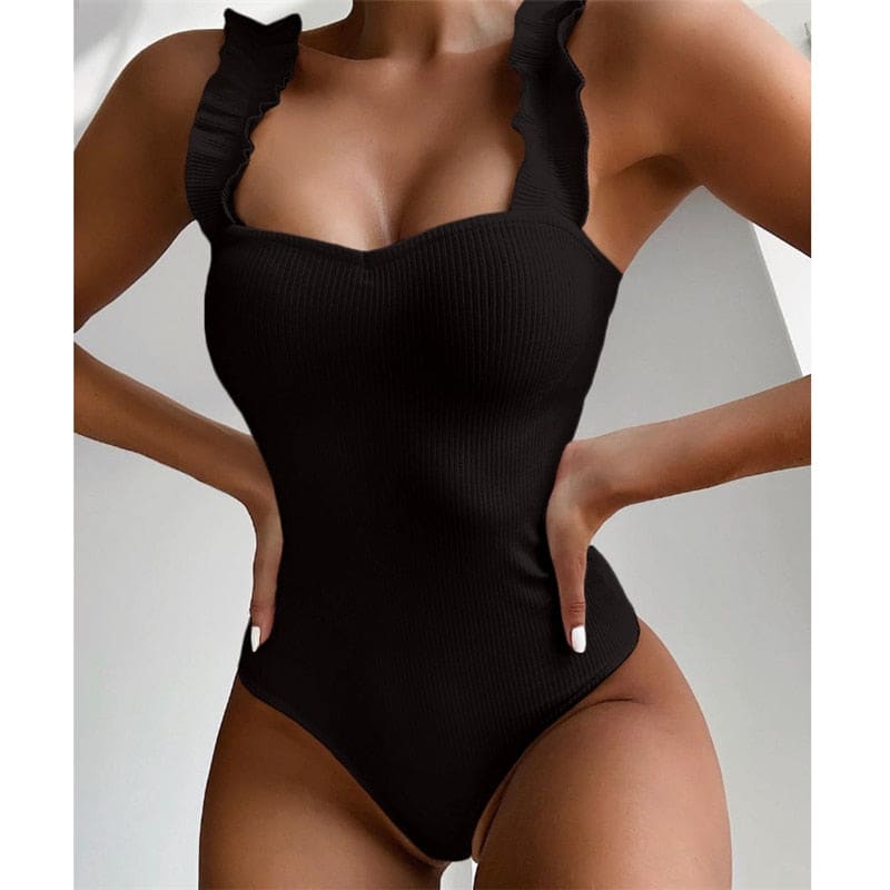 Solid Ribbed Ruffle One Piece Swimsuits - On sale