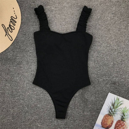 Solid Ribbed Ruffle One Piece Swimsuits - Black / S On sale