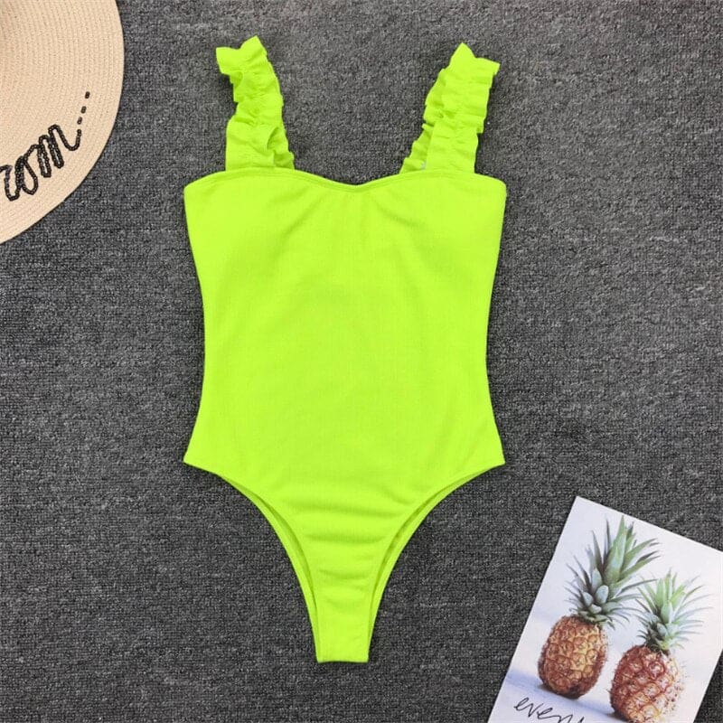 Solid Ribbed Ruffle One Piece Swimsuits - Green / S On sale