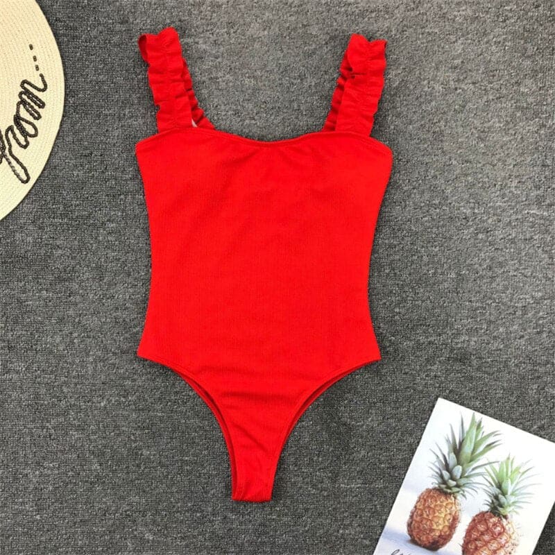 Solid Ribbed Ruffle One Piece Swimsuits - Red / S On sale