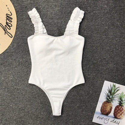Solid Ribbed Ruffle One Piece Swimsuits - White / S On sale