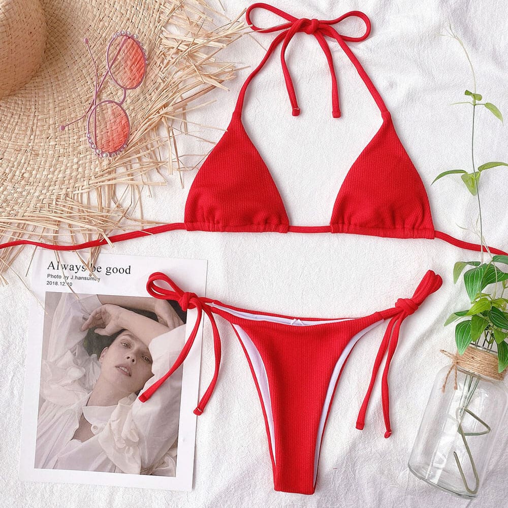 Solid Ribbed Tie String Triangle Sunnybikinis Swimsuit - On sale